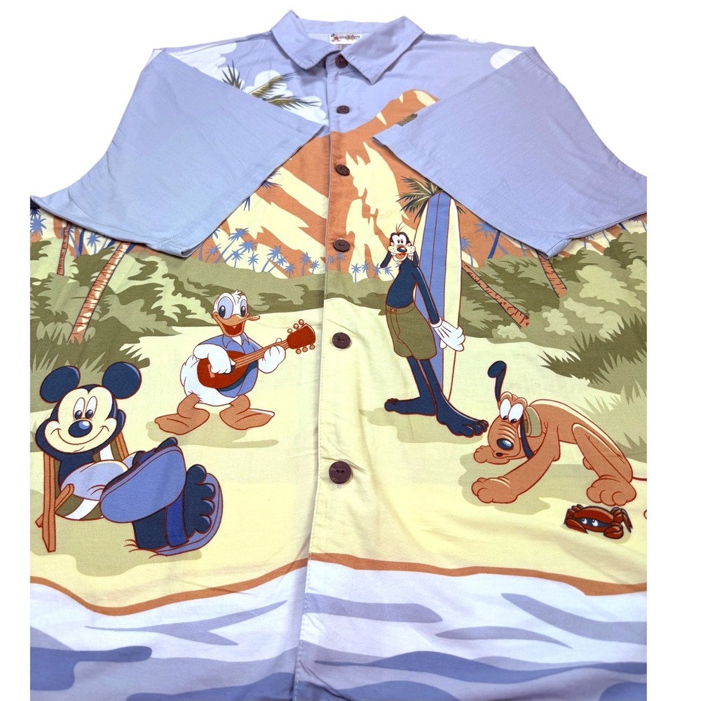 Vtg Walt Disney Button Up Shirt Men XL Blue Mickey Mouse Beach Hawaiian Cotton